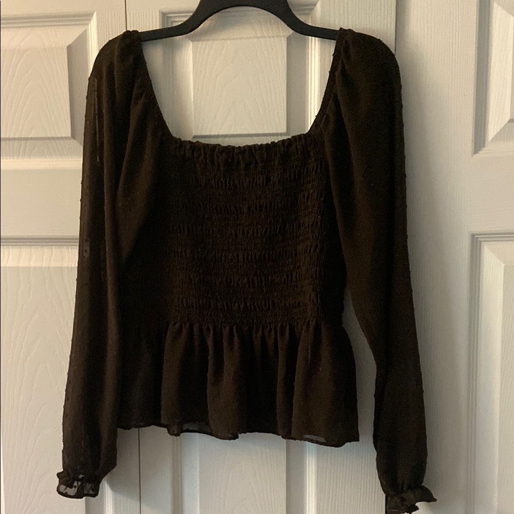 Moa Moa Brown Puff Sleeve Smocked Peplum Blouse